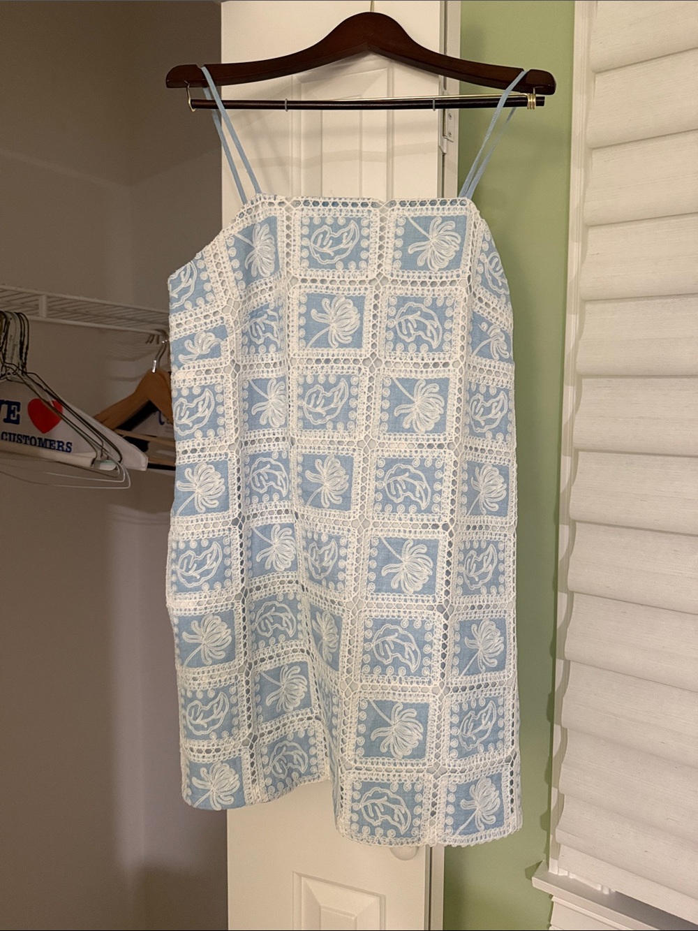 Strut & Bolt Light Blue and White Crochet Square Dress